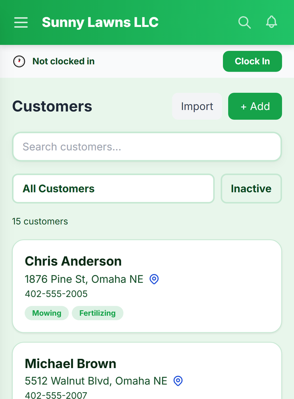 BookedUp customer management with services and contact info