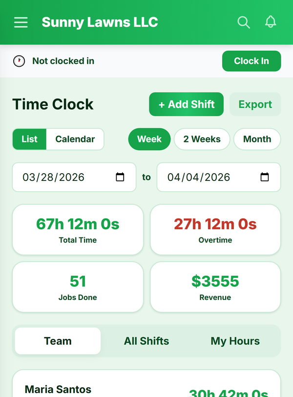 BookedUp crew time clock with hours, overtime, and GPS tracking
