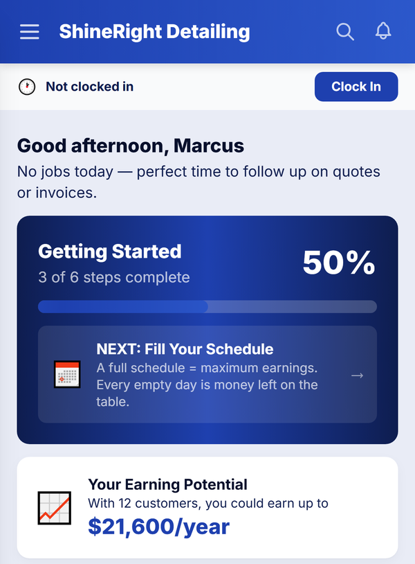 Mobile detailing business management software dashboard